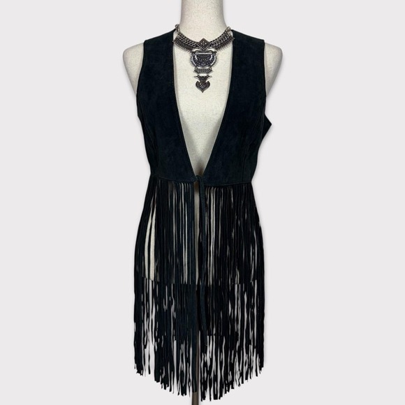 Forever 21 Jackets & Blazers - Vintage Y2k Fringe Leather Suede Vest Medium Festival Boho Hippie Western Black